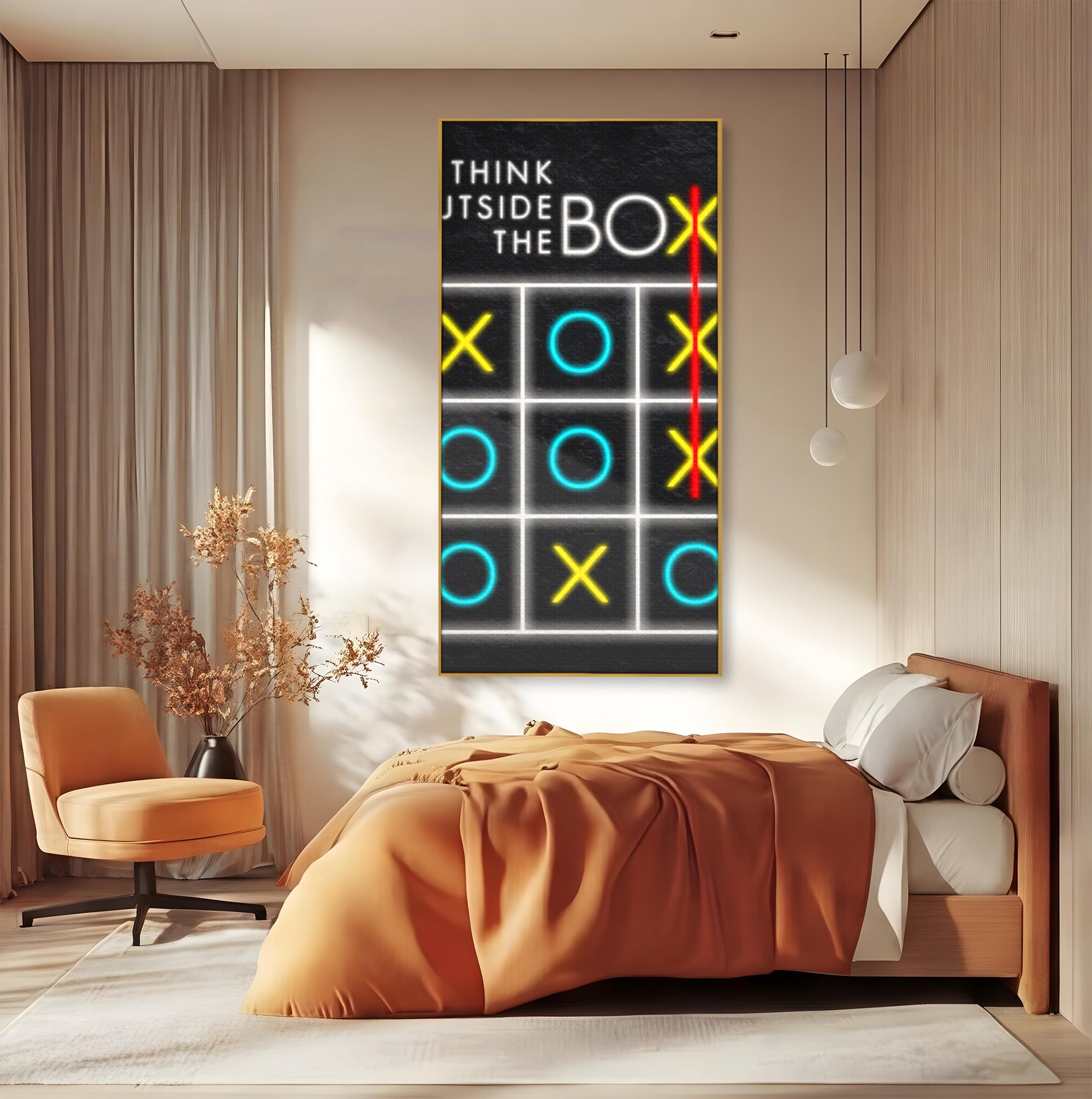 Tablou canvas cu tablou canvas cu joc de tictactoe si text, in rama de aluminiu auriu, pe perete intr-un dormitor